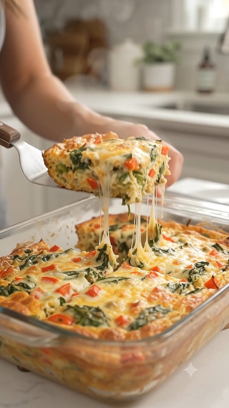 32 Ideas on What to Serve for Breakfast, From Eggs to Scones 15 Egg casserole with spinach and red peppers being served from a glass dish.