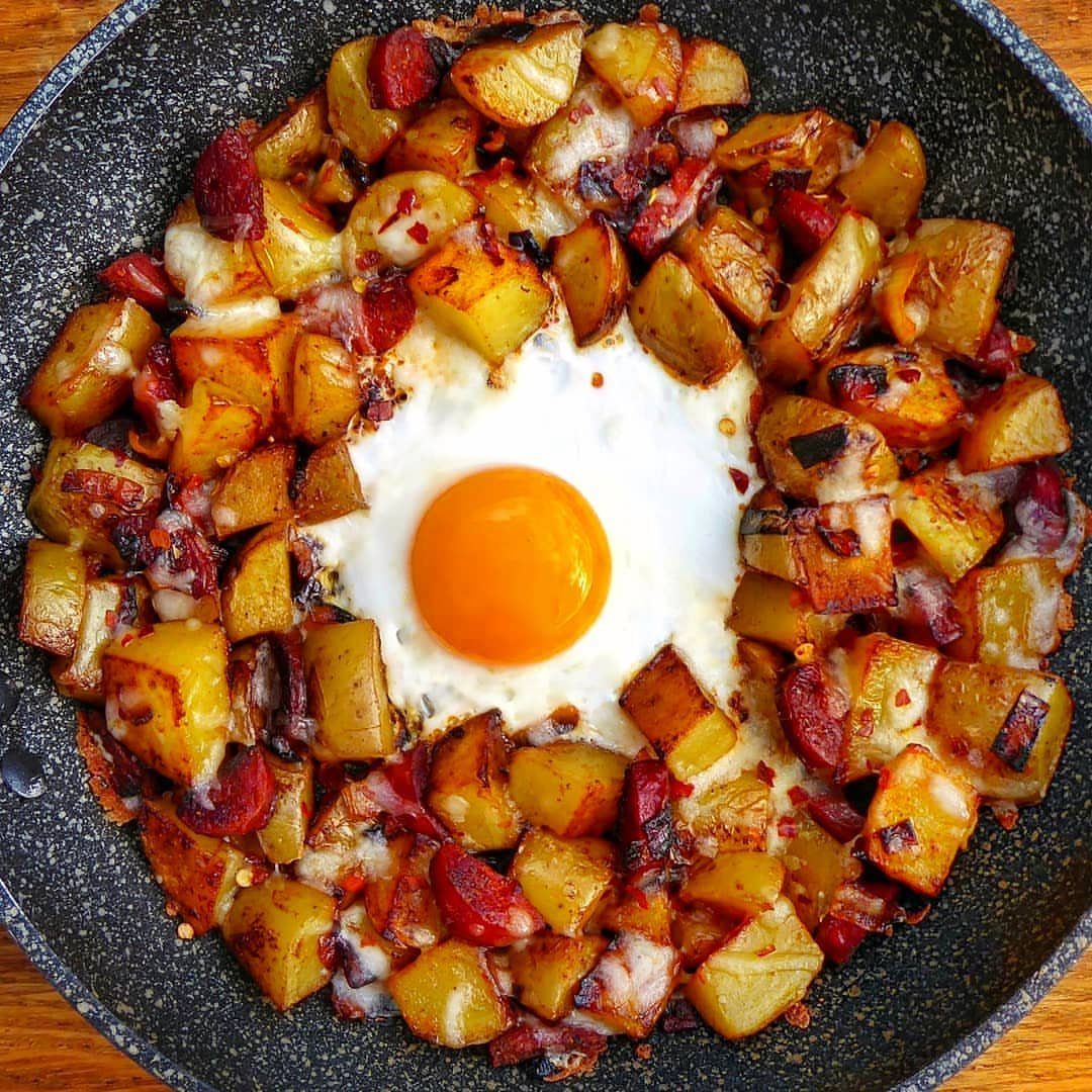 32 Ideas on What to Serve for Breakfast, From Eggs to Scones 24 Breakfast hash with fried potatoes, sausage, and a sunny-side-up egg in a skillet.
