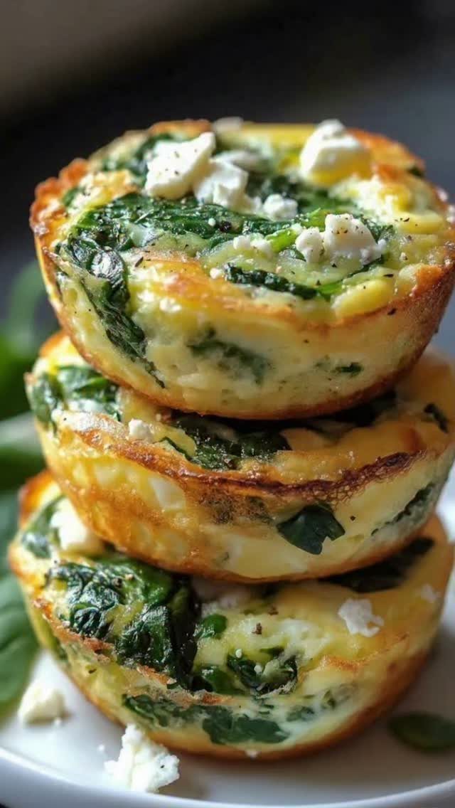 32 Ideas on What to Serve for Breakfast, From Eggs to Scones 4 Three stacked egg muffins with spinach and feta cheese on a white plate.