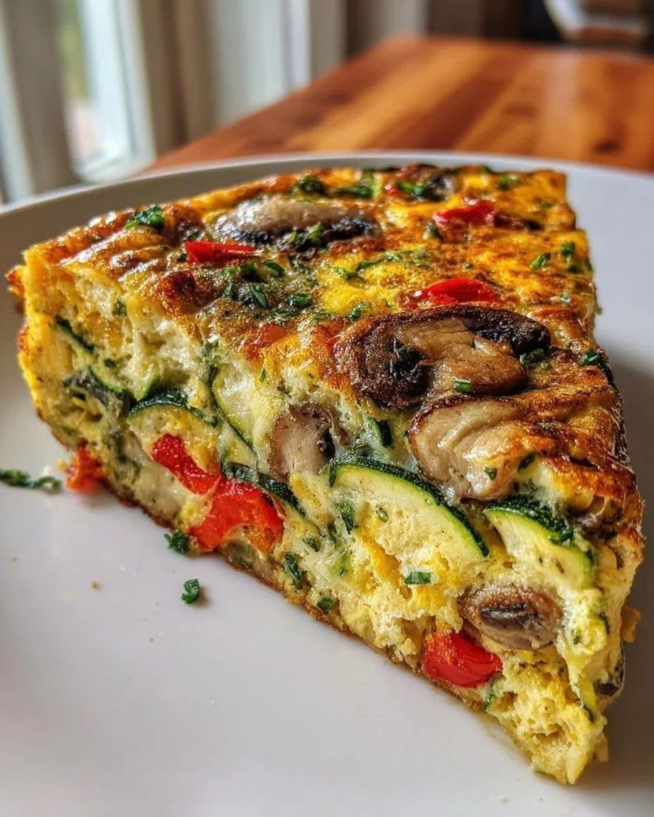 32 Ideas on What to Serve for Breakfast, From Eggs to Scones 18 Slice of vegetable frittata with mushrooms, zucchini, and red peppers on a white plate.