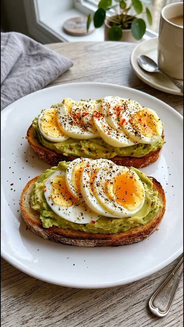 32 Ideas on What to Serve for Breakfast, From Eggs to Scones 3 Avocado toast topped with sliced hard-boiled eggs and seasoning on a white plate.