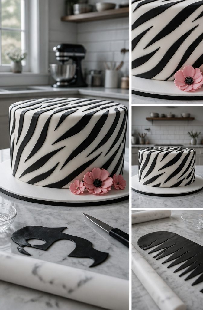White fondant cake decorated with thin black stripes with pointed ends