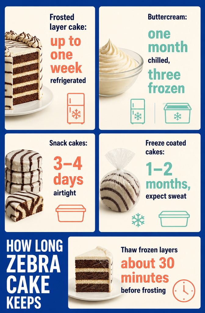 Zebra cake storage guide comparing layer cakes and coated snack cakes