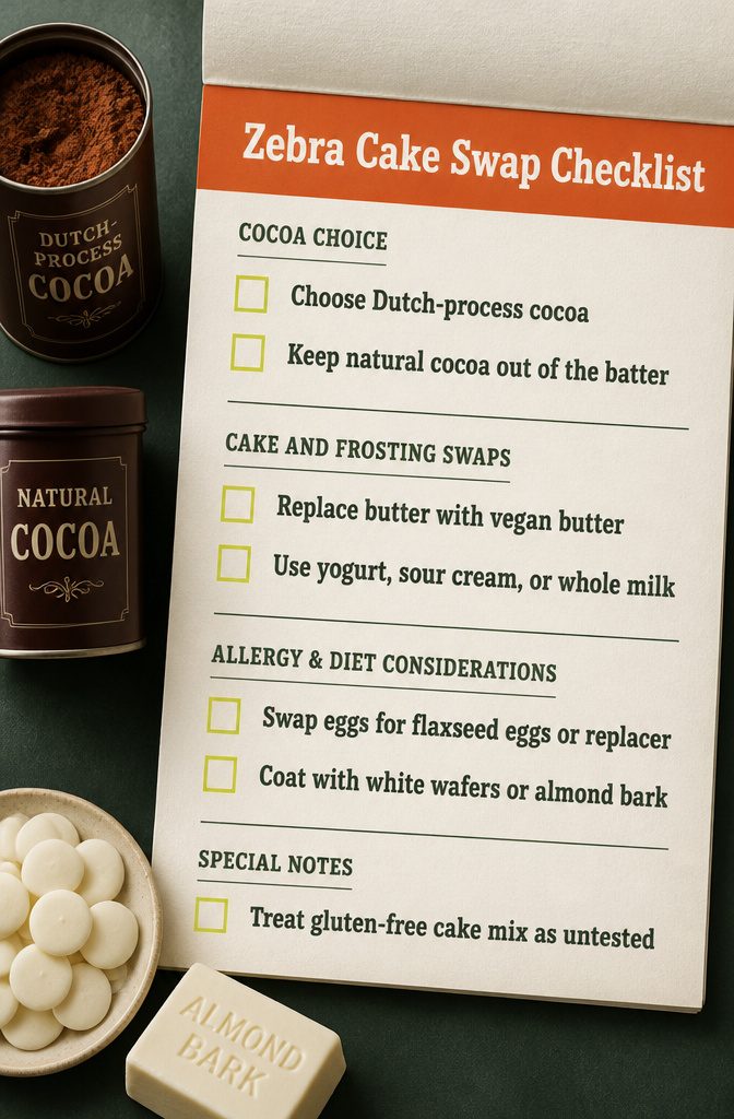 Zebra cake swap checklist with Dutch-process cocoa and ingredient alternatives