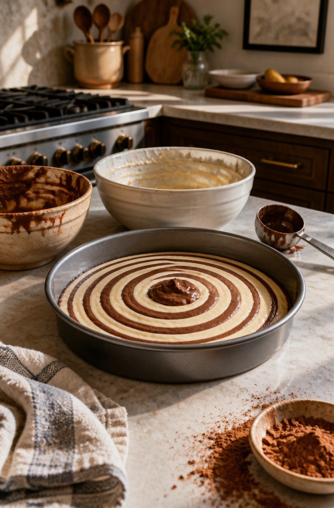 Chocolate batter scoop landing in vanilla batter inside a round cake pan