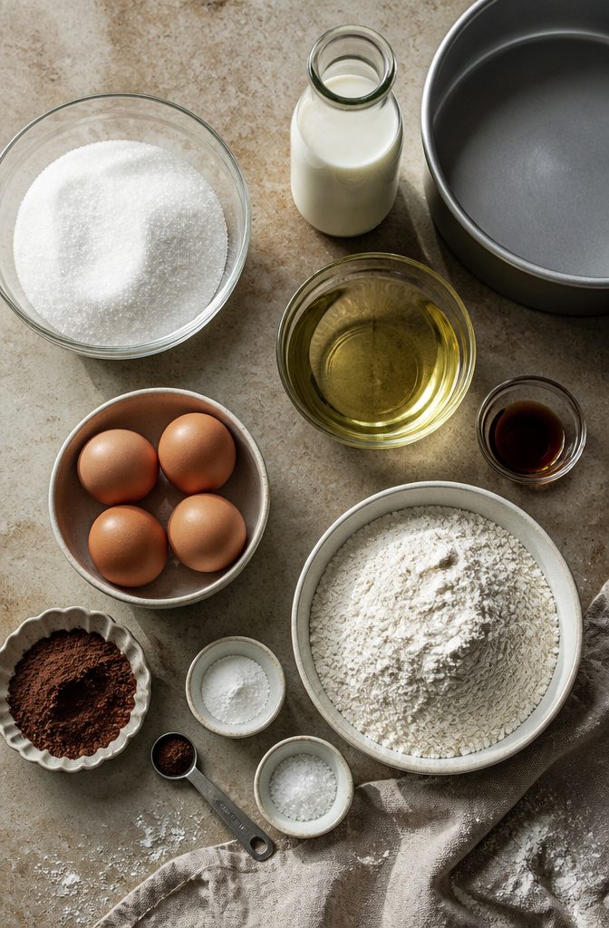 Zebra cake ingredients arranged for a recipe with Dutch-process cocoa